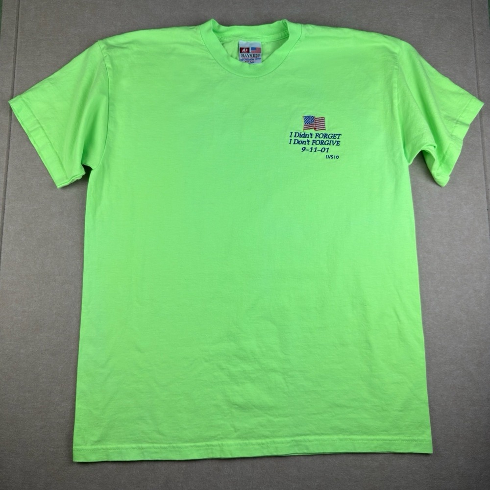Y2K Bayside T-Shirt‎ XL Green USA Flag 9/11 I Don't Forget Quote Tee USA